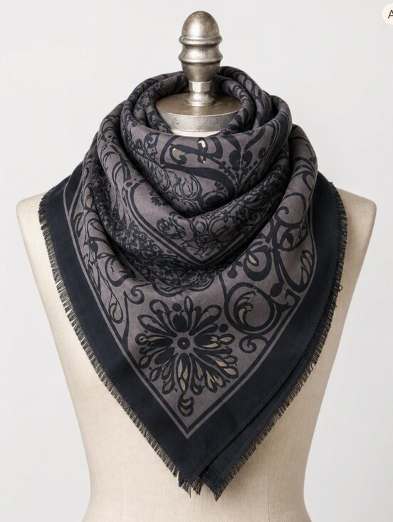 Vintage Accessories - Oversized Square Scarf Black Gray Taupe Gold Yellow Wrap 34"